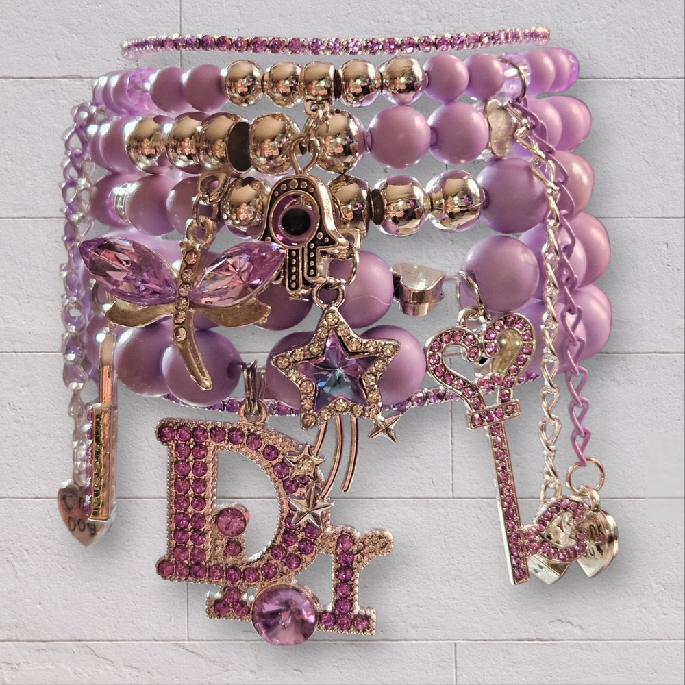 Purple Beaded Charm Bracelet Set